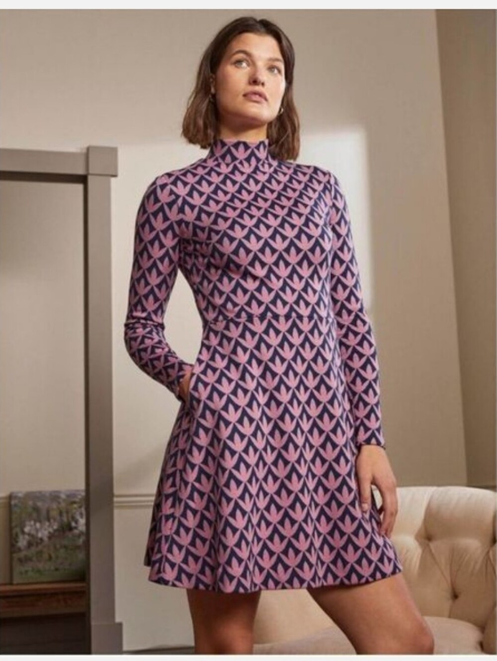 Boden Pink and Navy Blue Geometric Dress